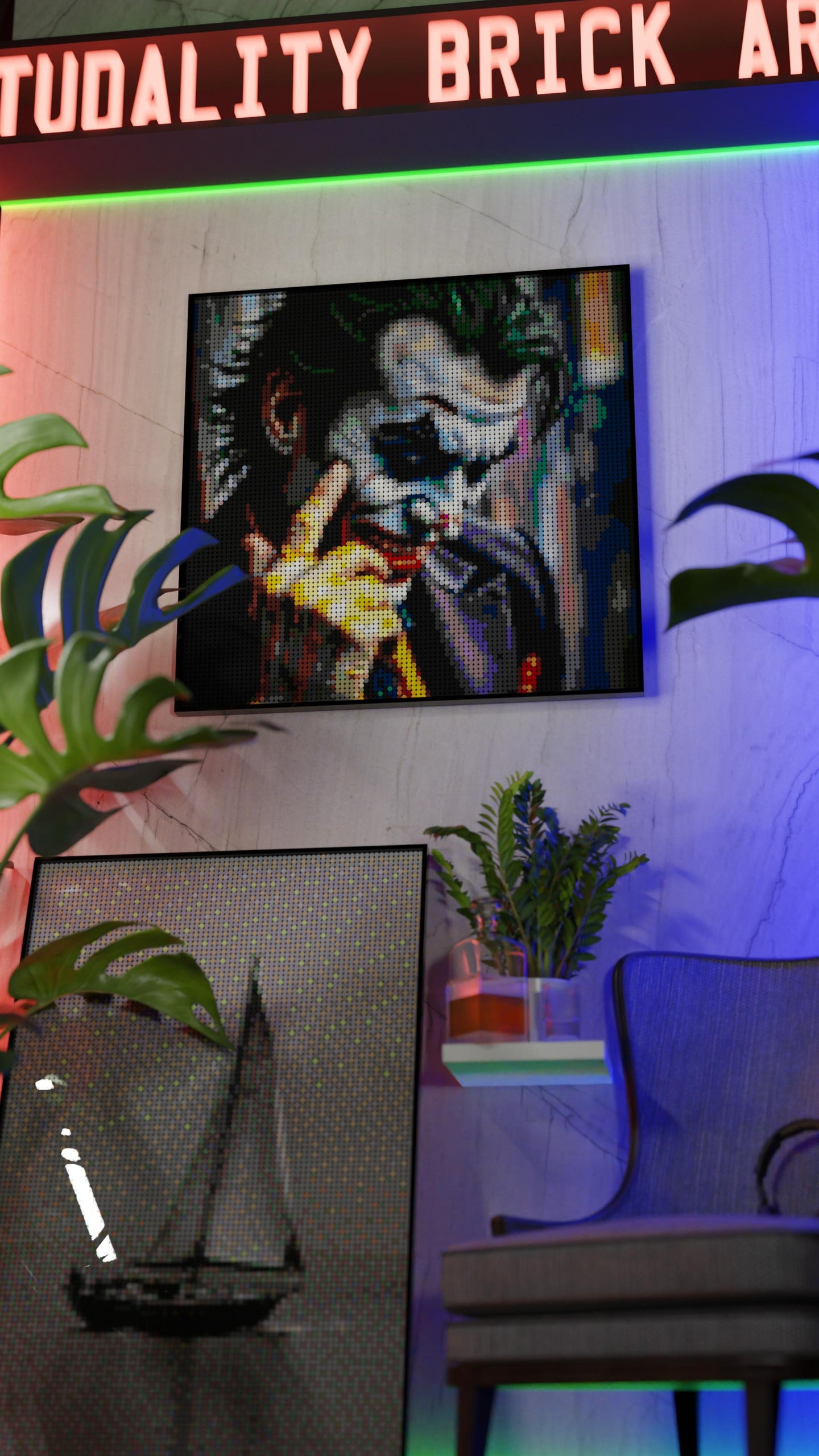Tony Eats LEGO® Style mosaic wall art made from colorful plastic bricks